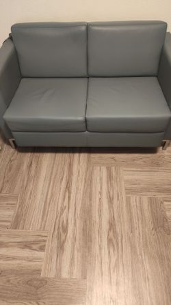 Gray-Green Leather Loveseat with Metal Legs