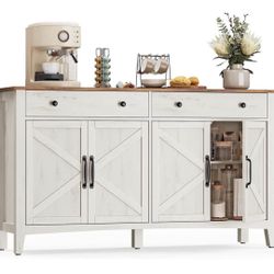 Buffet Cabinet, Coffee Bar Cabinet with 2 Drawers, Adjustable Shelves, Sideboard Storage with Cable Holes, Drawer Dividers, Rustic White a