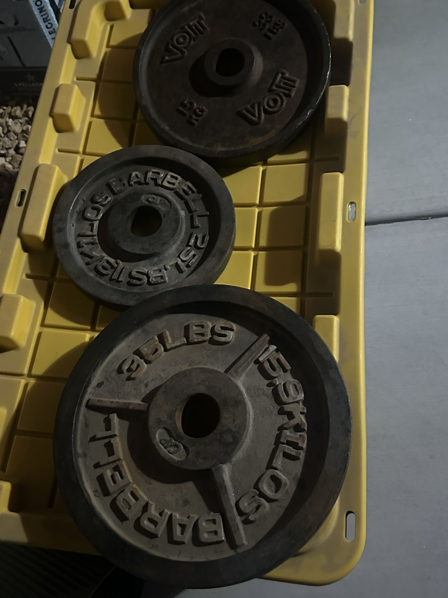 Weight plates 50 cents per pound. 25lb, 33 Lb and 35 Lb available