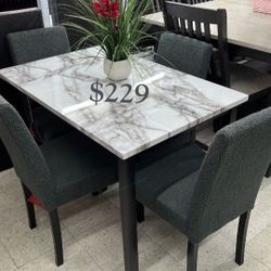 Beautiful 5-Pc Dining Table Set With Gray Wool Upholstery 