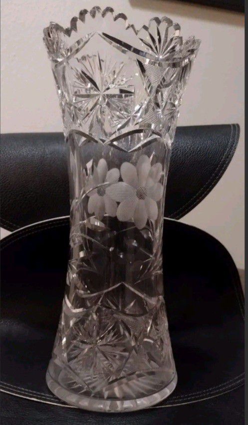Crystal Corset Vase Floral Etched Heavy 12"