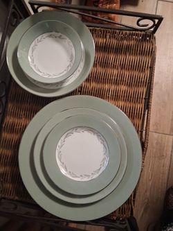40 Piece Sone China produced in Japan, Pattern 1864 - Moss Green Band with Platinum Trim and Laurel