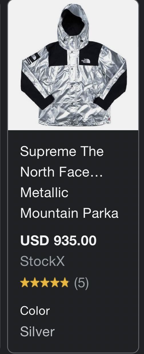SUPREME METALLIC MOUNTAIN PARKA JACKET THE NORTH FACE like new, I accept offers regular price in stores is $935, it is a teenager size xl in an adult