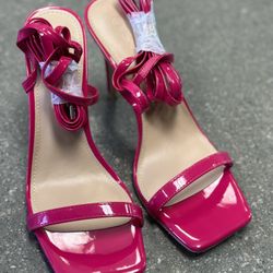 PINK SATIN SQUARE TOE DIAMANTE STRAPPY HIGH HEELED SANDALS