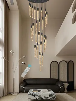 11.5ft Long Spiral Staircase Chandelier 28-Lights Black Crystal Bubble