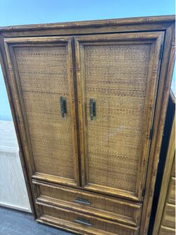 Vintage Faux Bamboo & Woven Rattan Armoire Cabinet – Hollywood Regency Boho