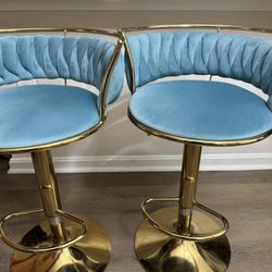 Set of 4  Velvet Bar Stools – Gold Base & Blue Upholstery