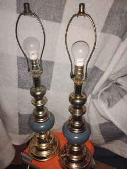 2 Vintage mid-century modern Stiffel brass and blue-grey enameled table lamp