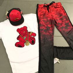 track pants + bear shirt