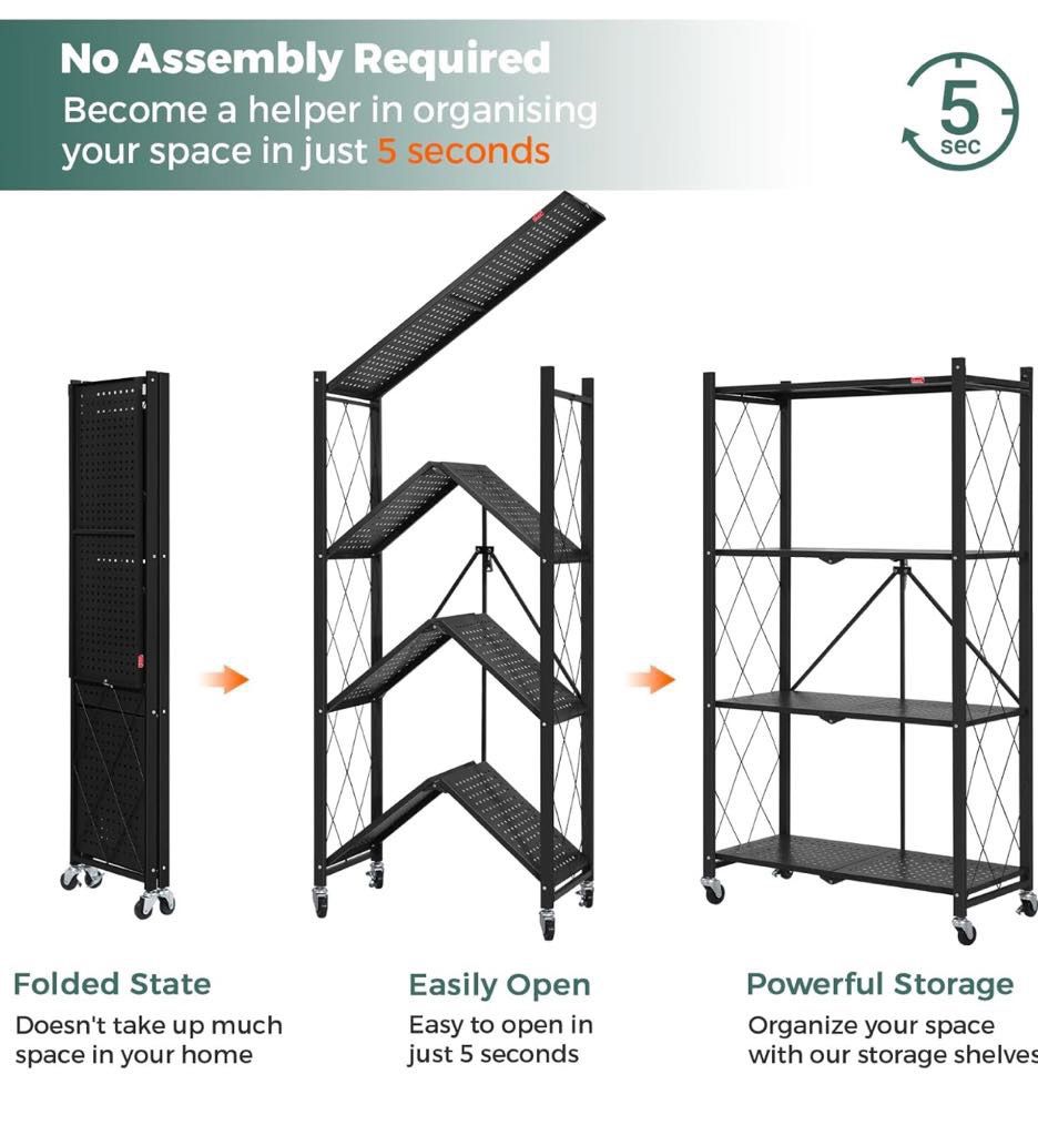DEANIC 4 Tier Foldable Storage Shelves with Wheels, Large Capacity Shelving Unit, Freestanding Metal