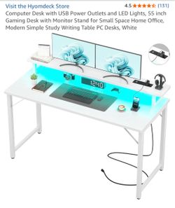Computer Desk with USB Power Outlets and LED Lights, 55 inch Gaming Desk with Monitor Stand for Small Space Home Office, Modern Simple Study Writing T