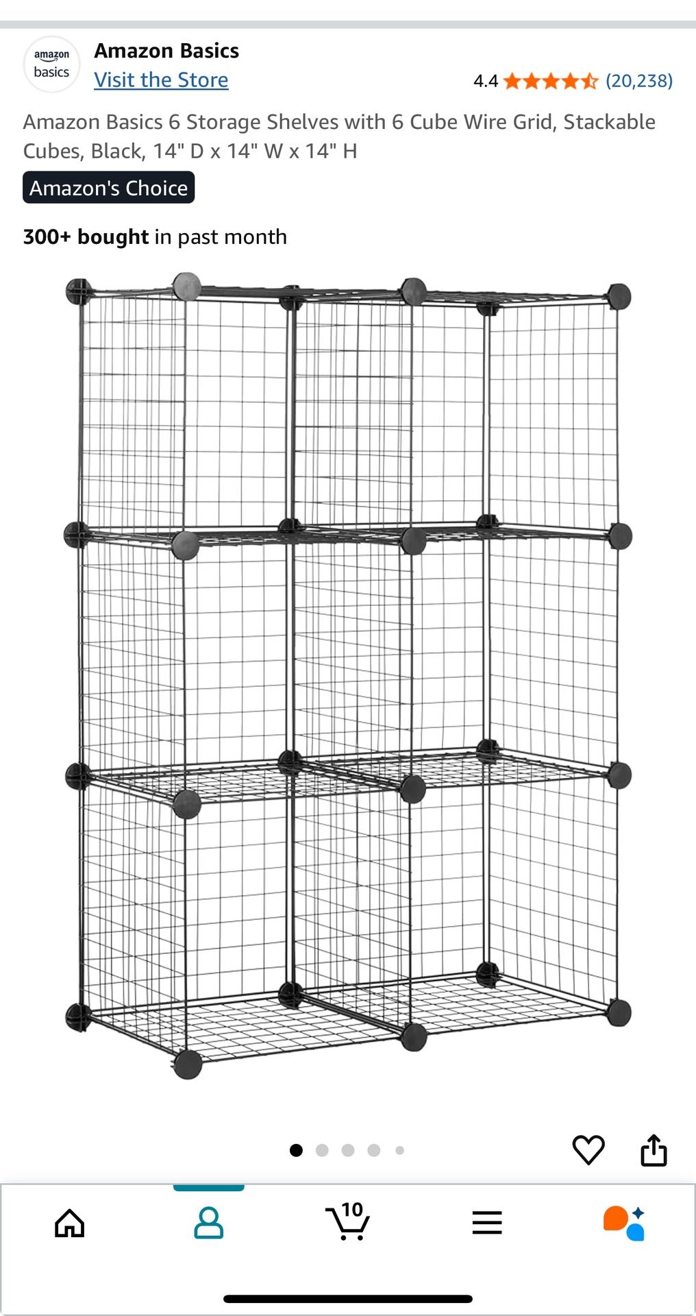 Amazon Basics 6 Storage Shelves with 6 Cube Wire Grid, Stackable Cubes, Black, 14" D x 14" W x 14" H