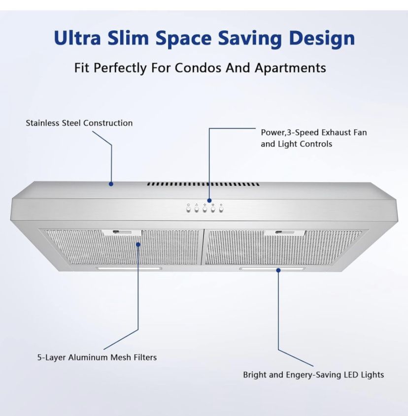 600 CFM Under Counter Range Hood 30 inch, Under Cabinet Range Hood for  Duct/Ductless Convertible, Stainless Steel Stove Vent Hood with 3 Speed  Kitchen for Sale in Atlanta, GA - OfferUp