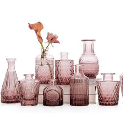 Red Amber Glass Bud Vase Set of 10 - Small Vases for Flowers, Bud Vases in Bulk, Cute Glass Vases for Centerpieces, Mini Vintage Vase for Wedding Deco