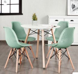 4 Pieces Green Modern Plastic Hollow Chair Set with Wood Leg