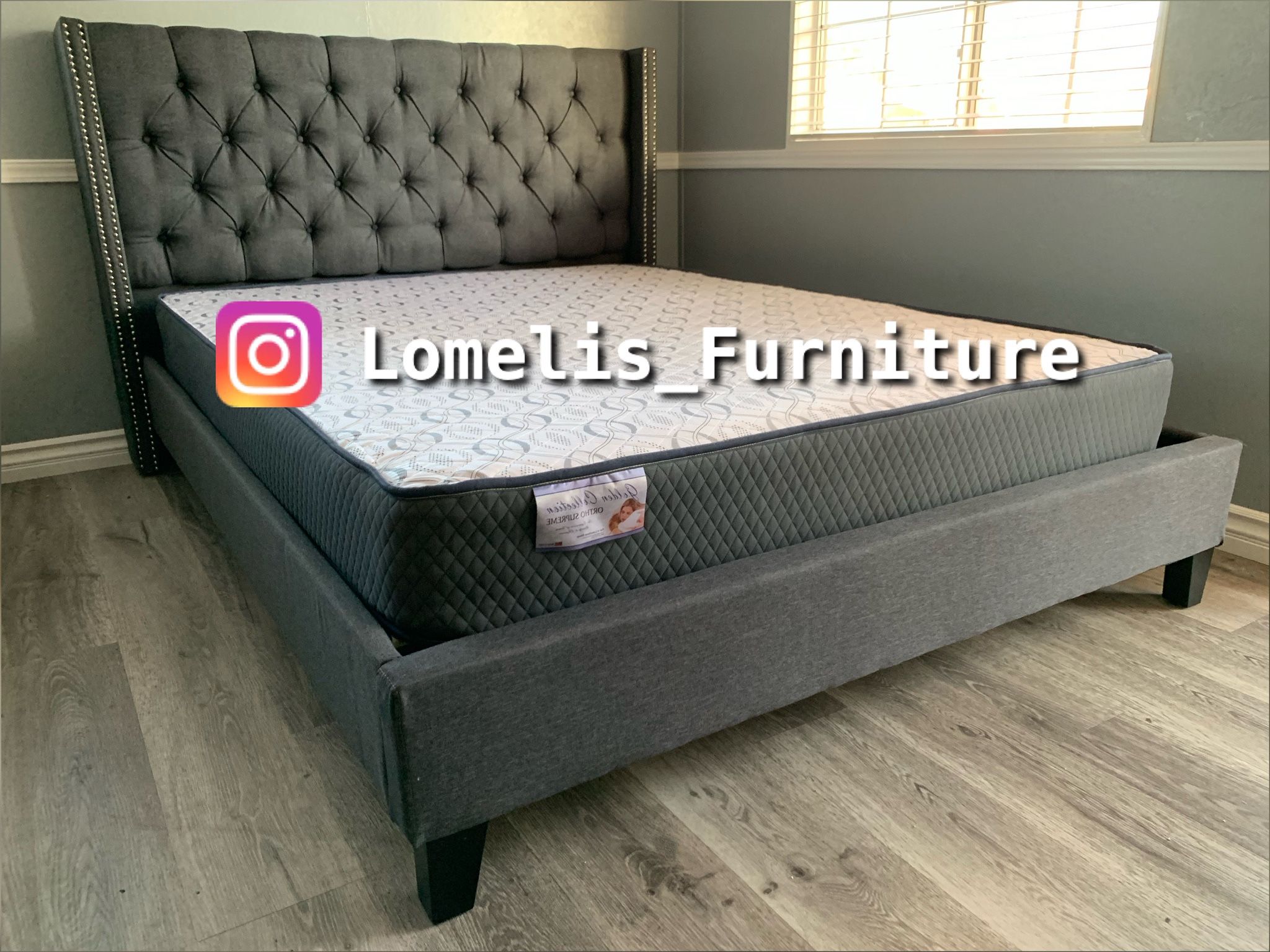 Queen Gray Wingback Button Tufted Bed w. orthopedic Mattress included
