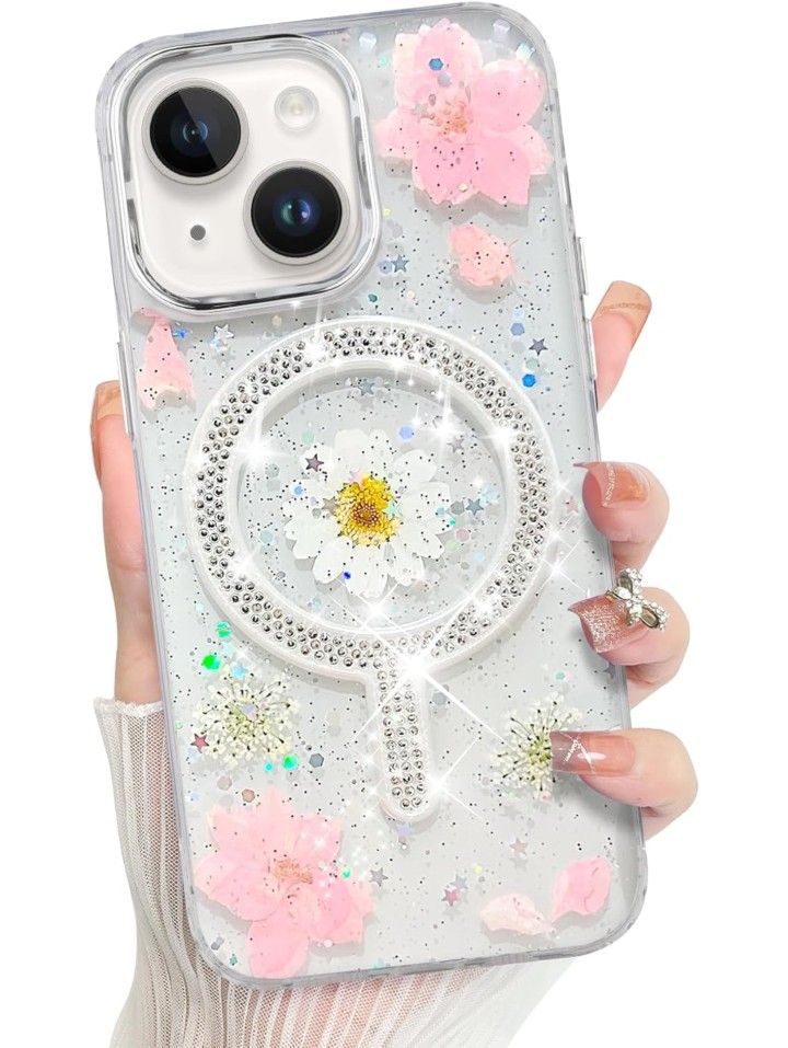 🌸 Bonoma iPhone 14 Case – Pink Floral Diamond MagSafe Support | Shockproof Clear Crystal Cover 🌸