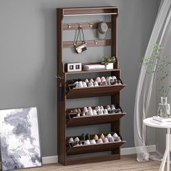 BORNOON Shoe Cabinet with 3 Flip Drawers & Coat Rack, Narrow Hidden Shoe Storage Cabinet, 2-in-1 Hall Tree Slim Freestanding Shoe Rack Organizer for E