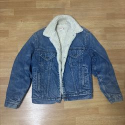 Vintage Sherpa Denim Trucker Jacket Men M/L USA Made 90s Jean Coat Warm Lined