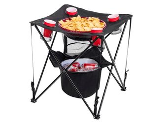 Portable tailgating and camping table with insulated cooler