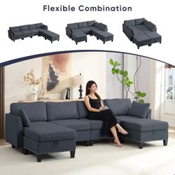 Modern Reversible Modular Sofa Rivet Design Storage Ottomans Sleeper Couch,Dark Grey