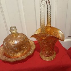 Carnival Imperial Irredescent Amber 20 Inch Basket And Butter Bowl With Lid