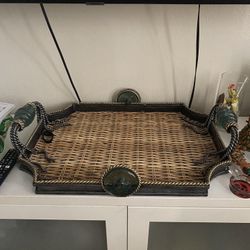 Gorgeous Pewter Wicker And Teal Glass Tray. 