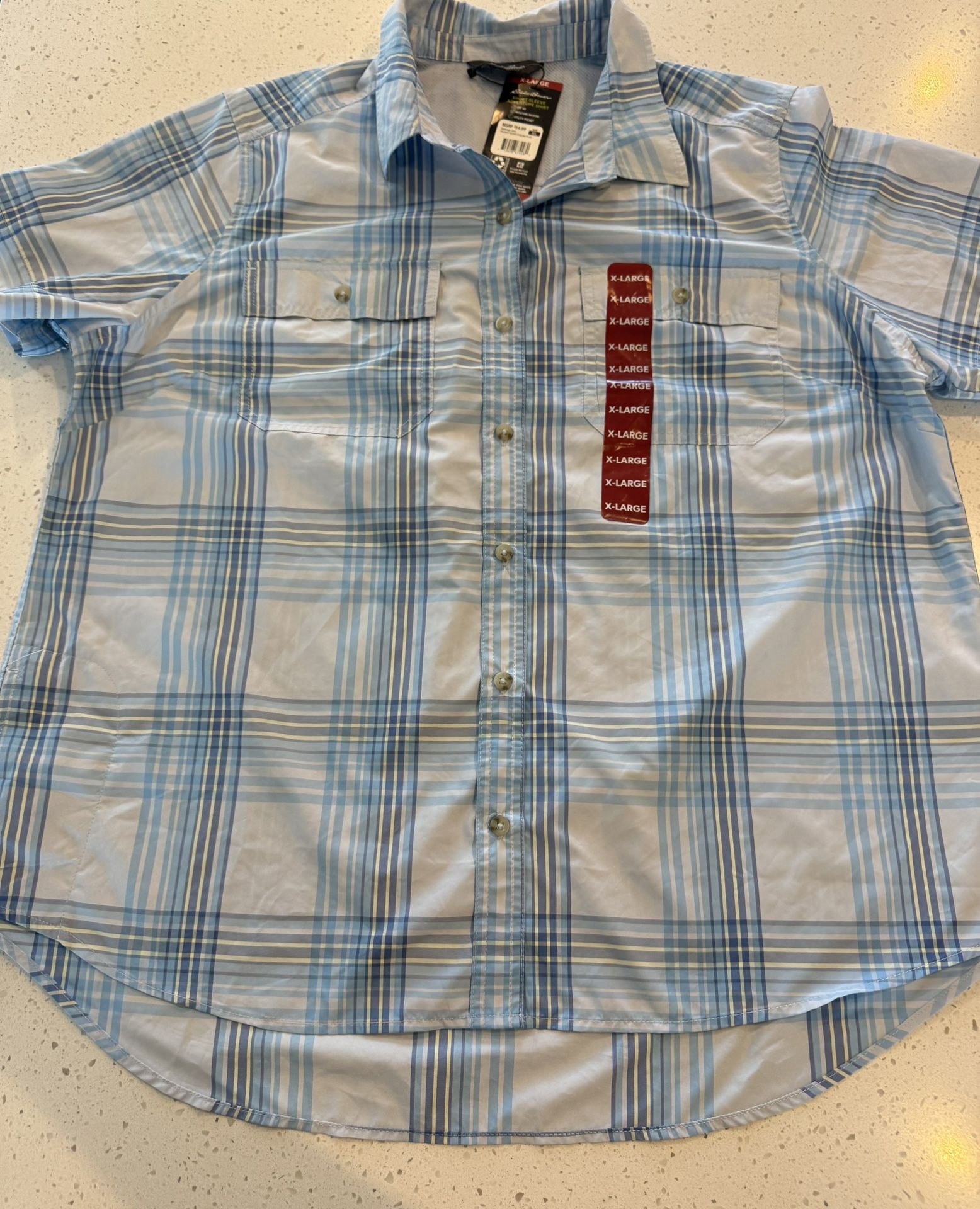 XL New Eddie Bauer Ladies Short Sleeve Adventure Shirt Blue Plaid Button up UPF 