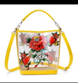 Ed Hardy Large Clear Swim Beach Bag Yellow Tattoo Heart Floral NEW