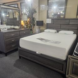 Brand New Gray Queen Bedframe + Dresser + Mirror  + Nightstand  + 12" Thick Innerspring Queen Mattress + Box Spring 