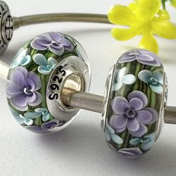 2 Charms For Pandora Lavender And Aqua Color Flowers Murano Charms 