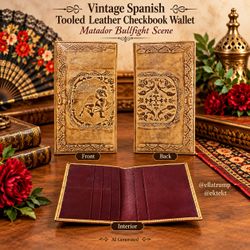 Vintage Spanish Tooled Leather Checkbook Wallet Matador Bullfight Scene
