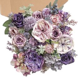 New Artificial Flowers Combo Purple Fake Roses Silk Flowers with Stems for DIY Wedding Bridal Bouquets Floral Arrangement Table Centerpieces Cake Birt