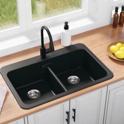 Dual-mount 33-in x 22-in Nero Granite Double Equal Bowl 3-Hole Kitchen Sink