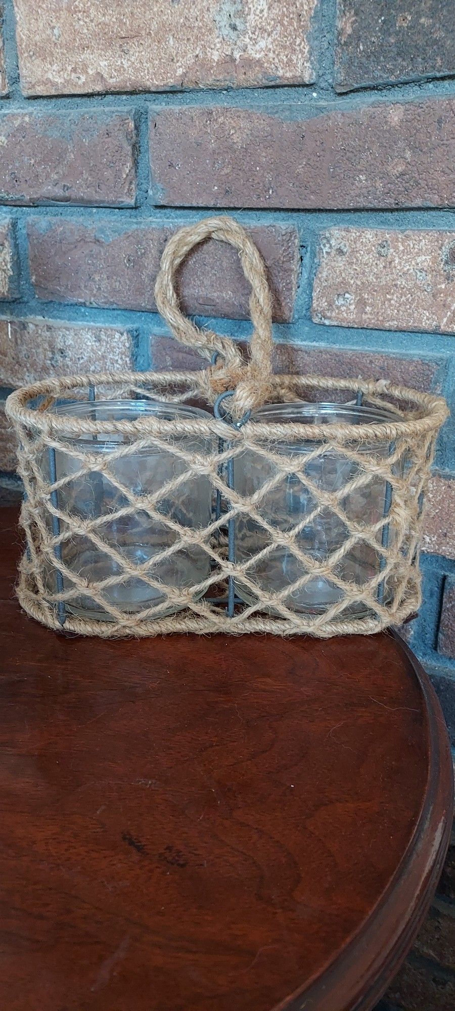 Burlap Hanging Double Glass Candle Holder 6" Handle Drop Wire Frame Rustic Beach