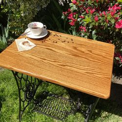 NOW $125!!  Early 1900s vintage antique solid, cast-iron, treadle sewing machine stand with refinished solid oak top
