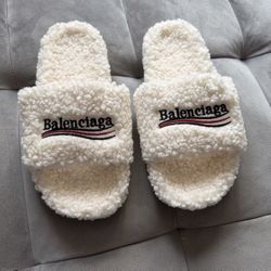 Balenciaga white shearling slides