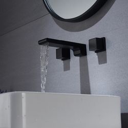 matte black waterfall wall mount bathroom sink faucet with overflow brass pop up drain