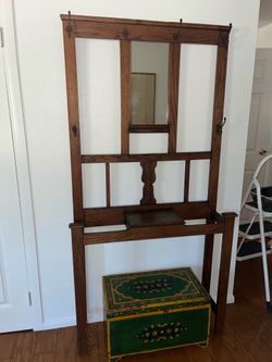 Antique 1910s Arts & Crafts Mission Oak Hall Tree Hooks, Mirror & Umbrella Stand