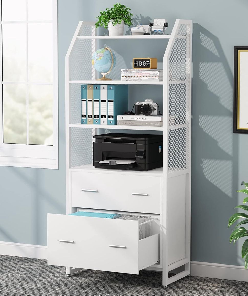 2 Drawer File Cabinet with Bookshelf, Modern Vertical Filing Cabinet