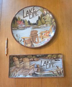 Home / Lake House Decor - Set of 2 Large Ceramic Lake Life Platters Susan Winget Certified Intl
