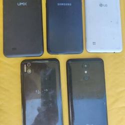 Lot Of 5 Android Cell Phones Samsung LG UMX