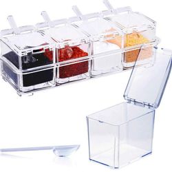 HUOMAQFAN Clear Acrylic Seasoning Box Set 4 Spice Pots With Lids And Spoons Condiment Containers For Salt Pepper Sugar Cardamom Cinnamon Kitchen