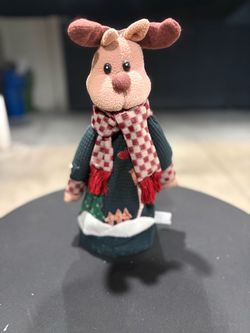 • Vintage Christmas Reindeer Plush Decoration - Corduroy Holiday Deer with Plaid Scarf