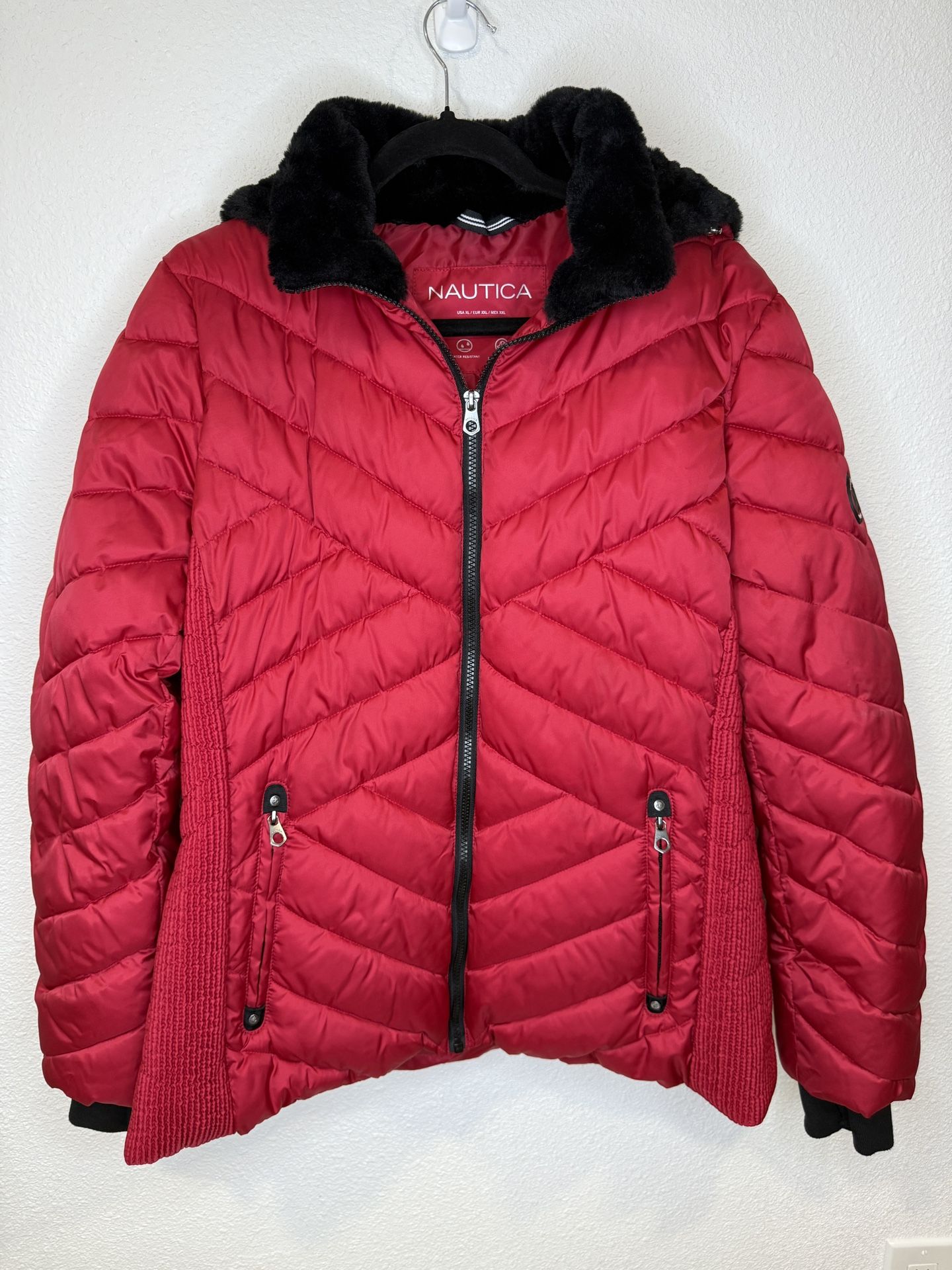 Pre-owned Nautica Ladies' Red Puffer Jacket with Detachable Hood-Pre-owned