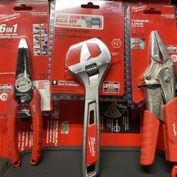 MILWAUKEE COMFORT GRIP 6 IN 1 8GA-20GA WIRE  STRIPPING  PLIERS + 9” LONG NOSE  LOCKING PLIERS AND. 8”  WIDE  JAW. ADJUSTABLE  WRENCH  ALL 3 Items $39 