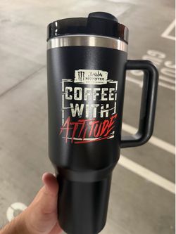 40 Oz black Java Monster Coffee with attitude tumbler and straw