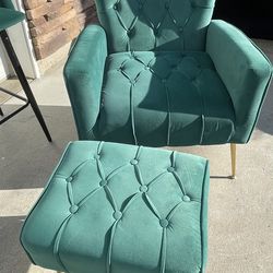 Green Velvet Armchairs And Ottoman’s