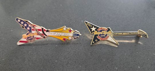 Vintage Hard Rock Cafe Collectible Pins Lot (2) - Patriotic Flag Guitar Series