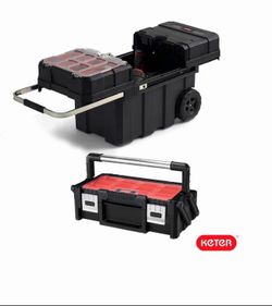 Heavy-Duty Keter Masterloader Rolling ToolBox + 18in Cantilever Organizer / Telescoping Handle Brand New